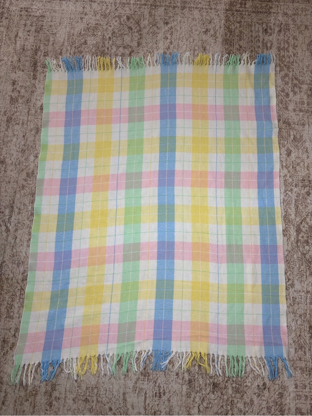 Vintage Tennessee Woolen Mills Pastel Plaid Acrylic Baby Blanket 46” x 35”
